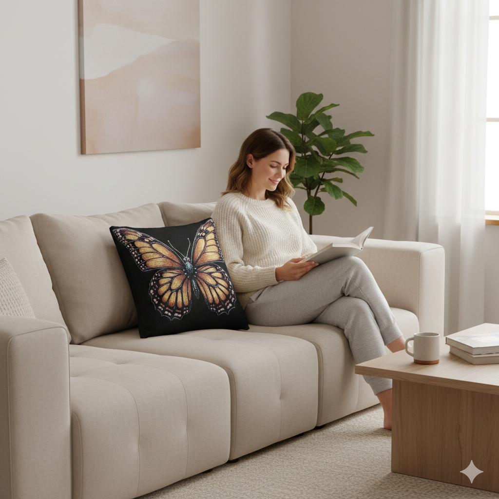 Golden Butterfly Woven Pillow | Tapestry Style Accent Cushion