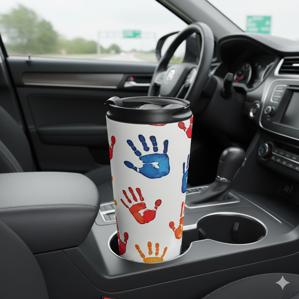 Colorful Handprint Stainless Steel Travel Mug — Kids Art Pattern, Spill‑Resistant Coffee Tumbler