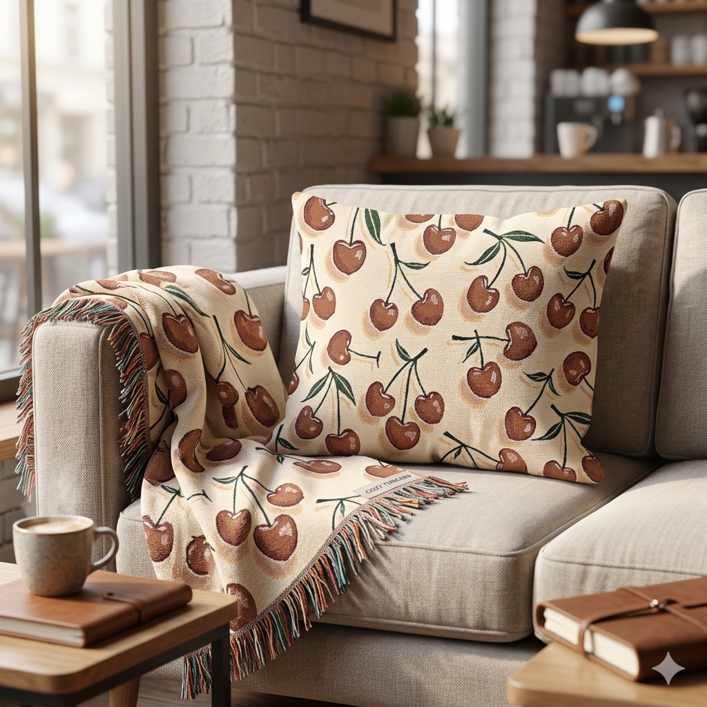 Cherry Pattern Woven Blanket — Retro Fruit Throw for Living Room & Bedroom
