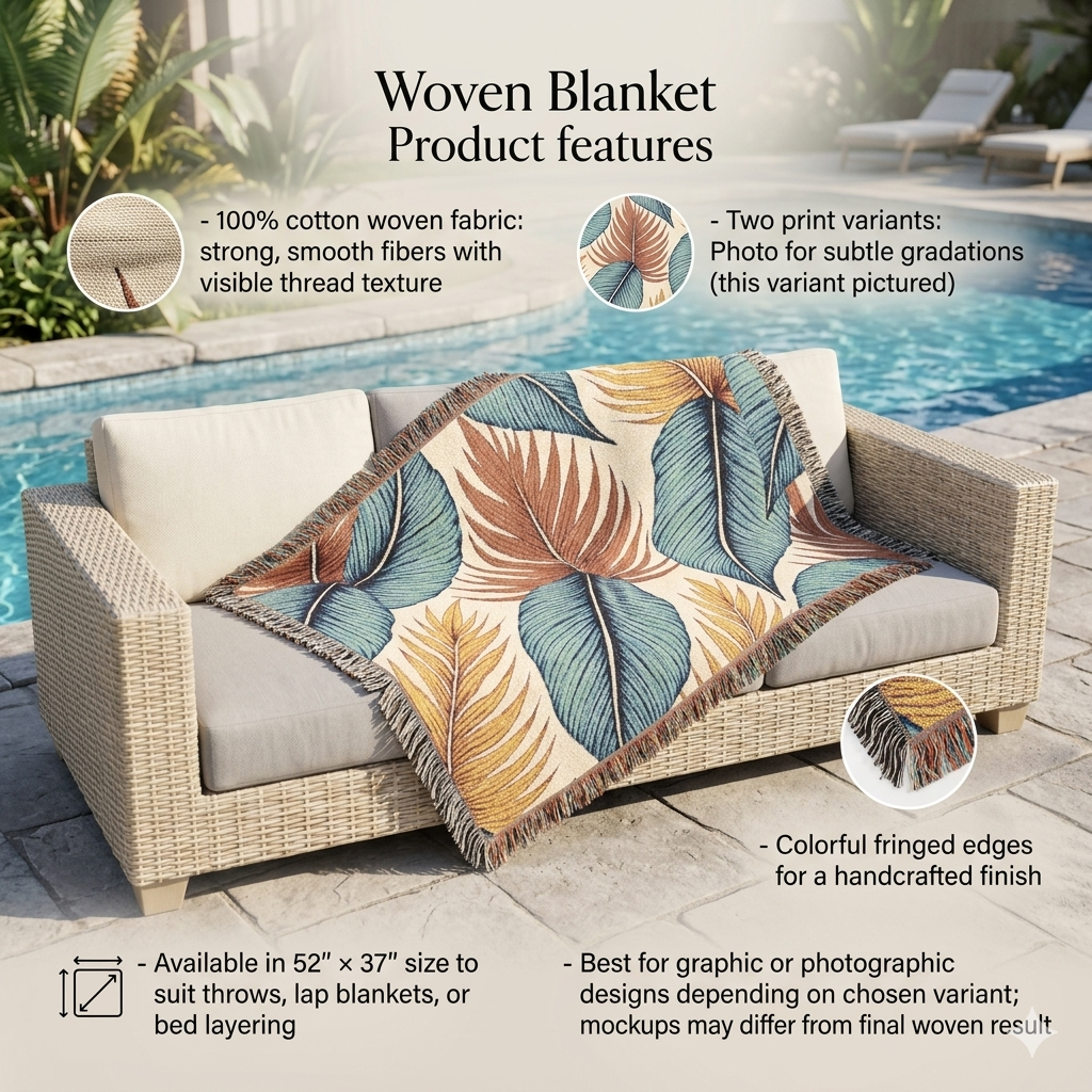 Tropical Leaf Woven Blanket — Boho Coastal Throw for Living Room & Patio