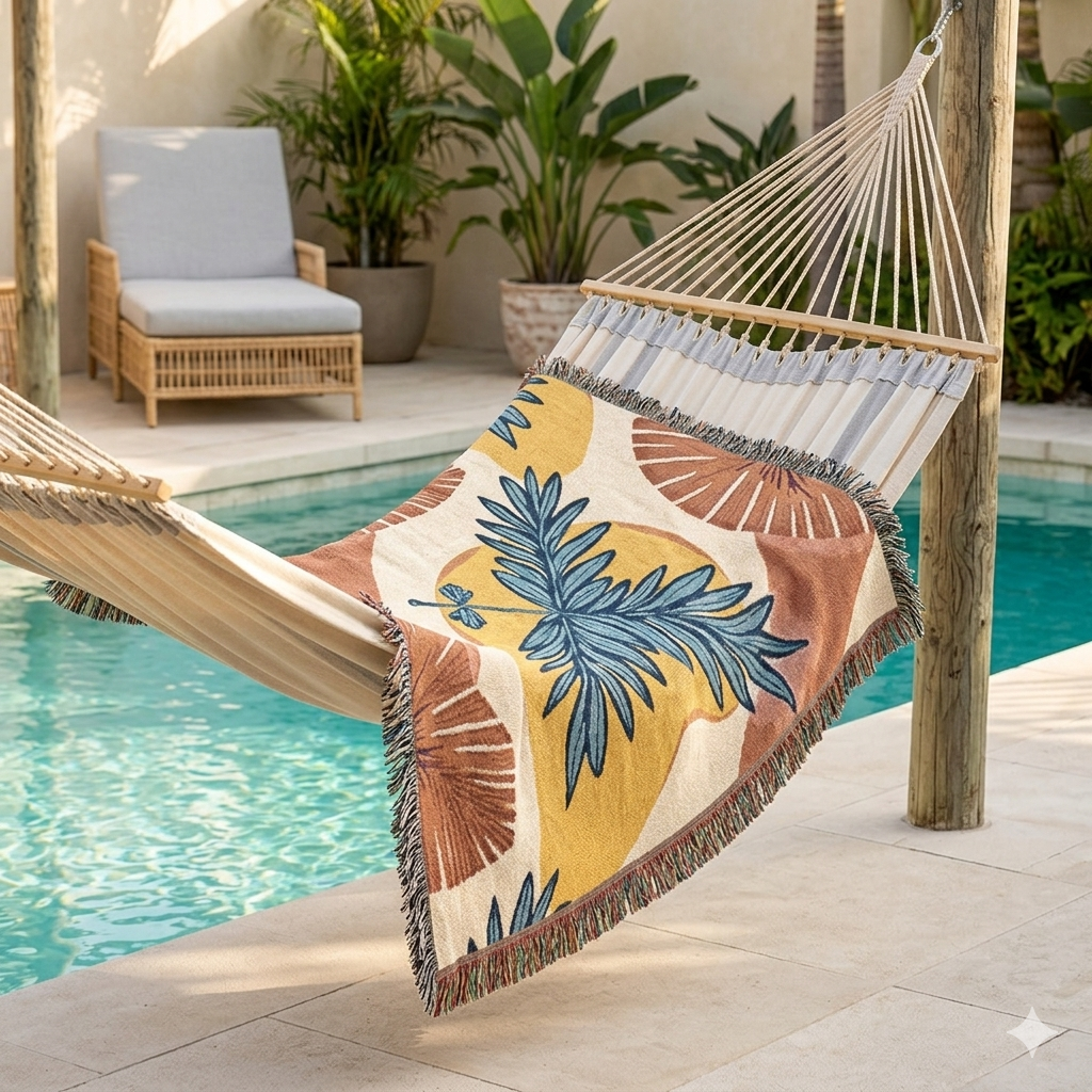 Tropical Palm Woven Blanket — Boho Beach-Print Throw for Living Room & Patio