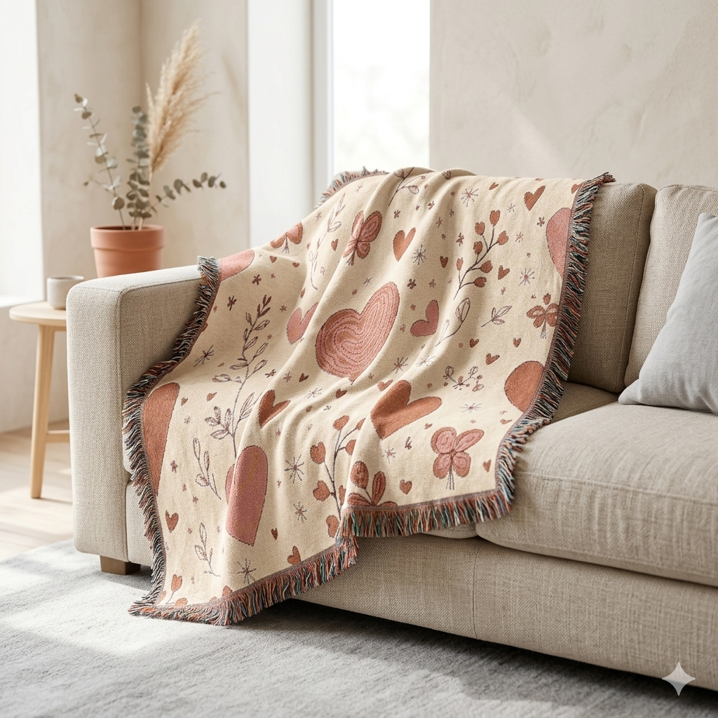 Heart Pattern Woven Blanket — Boho Floral Throw for Cozy Living & Valentine Gifts