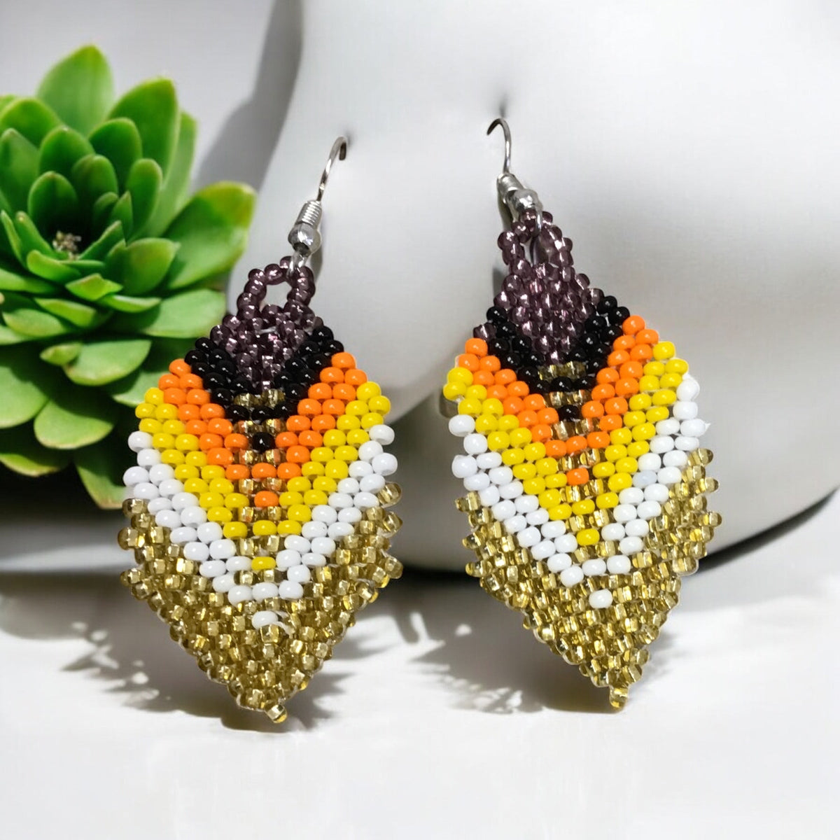 Gold and blackberry Beaded Feather Drop Earrings