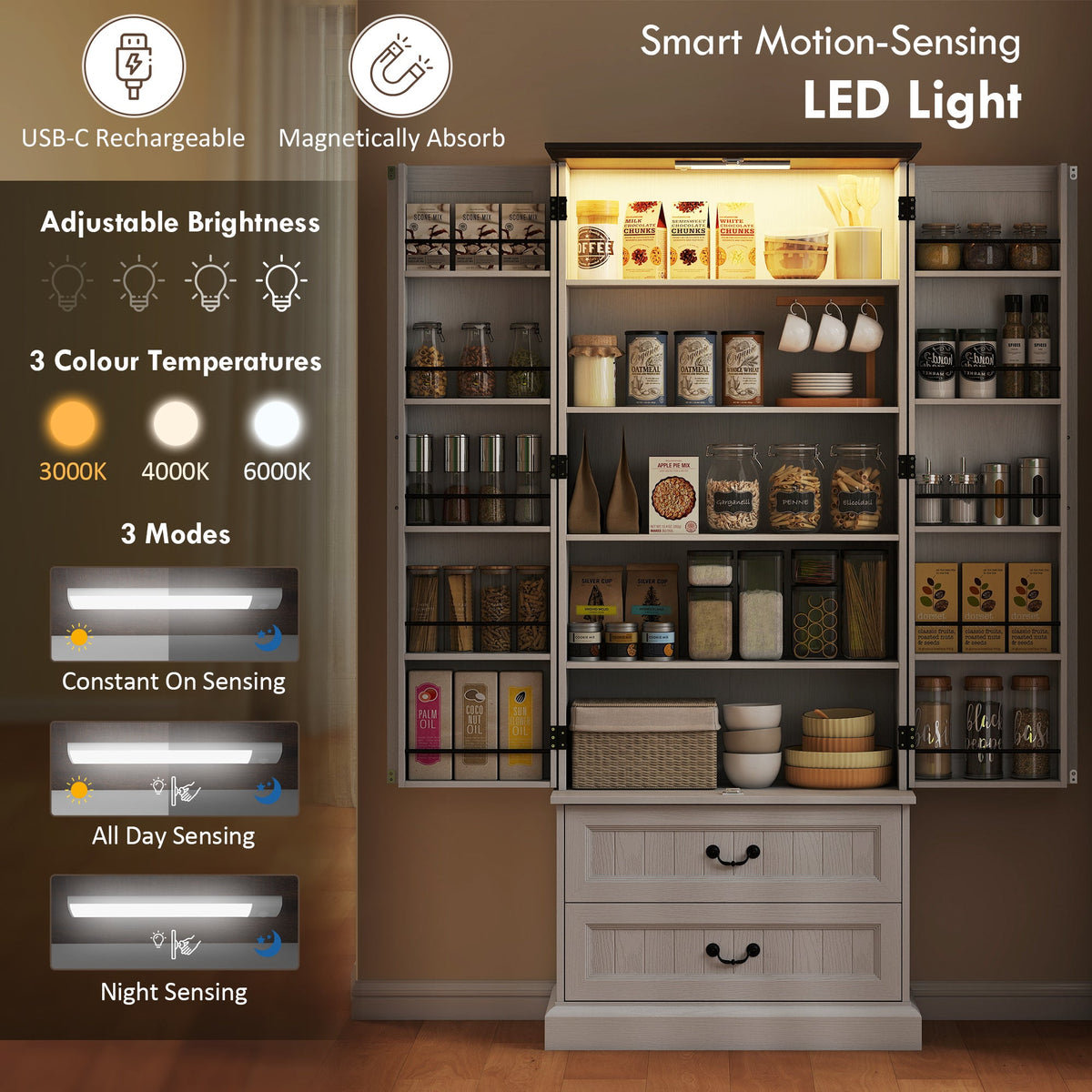 72" LED Kitchen Pantry Cabinet, Buffet Storage Cabinet with 10 Door Shelves, 2 Drawers and Adjustable Shelves, Black