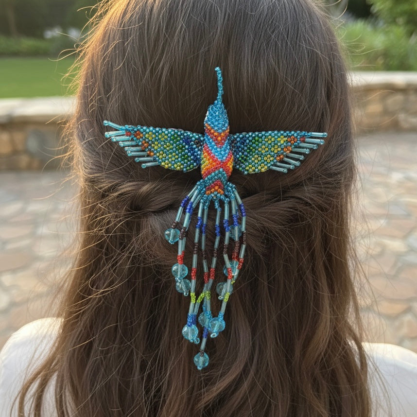 Blue Hummingbird Barrette with Fringes