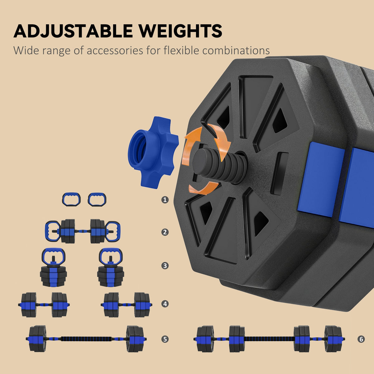 6-in-1 Adjustable Dumbbell Set, Used as Kettlebell, Barbell, Dumbbell, Push-Up Stand, 44lbs Free Weights Set, Blue