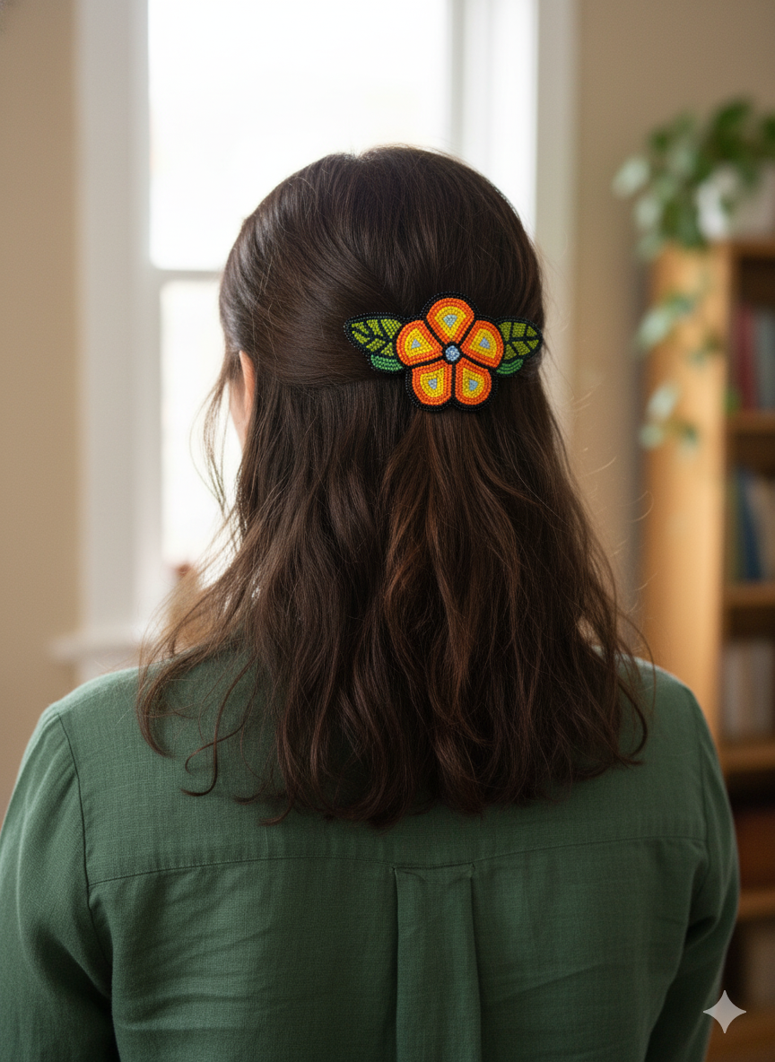 Orange and Yellow Beaded Flower Barrette