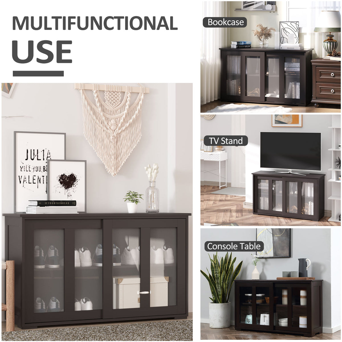 Modern Kitchen Sideboard, Stackable Storage Cabinet, Sliding Glass Door Console, Cupboard Serving Buffet for Kitchen & Dining Room, Black