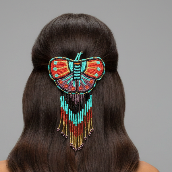 Butterfly Beaded Barrette with Fringes- Red and Turquoise