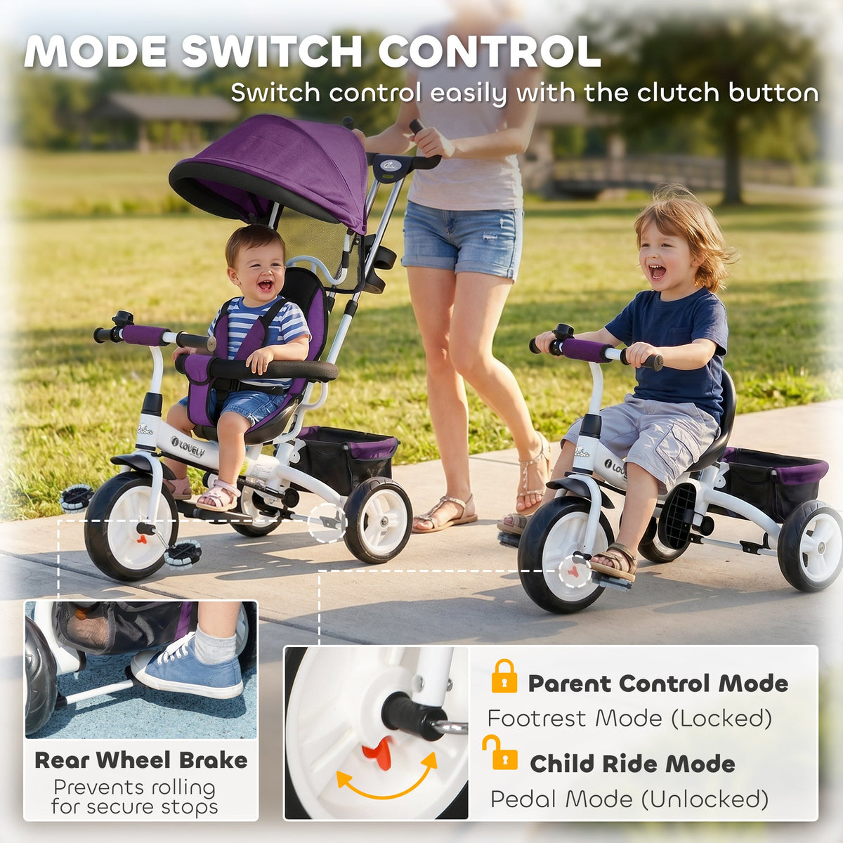 6 in 1 Toddler Tricycle Stroller with Basket, Canopy, 5-point Safety Harness, for 12-60 Months, Grey