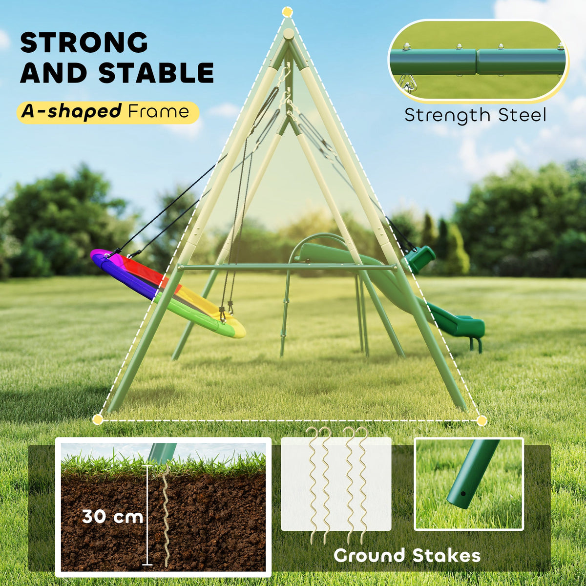 Metal Swing Set with Slide, Saucer Swing Seat, Heavy Duty A-Frame Stand and Adjustable Rope for Backyard, Dark Green