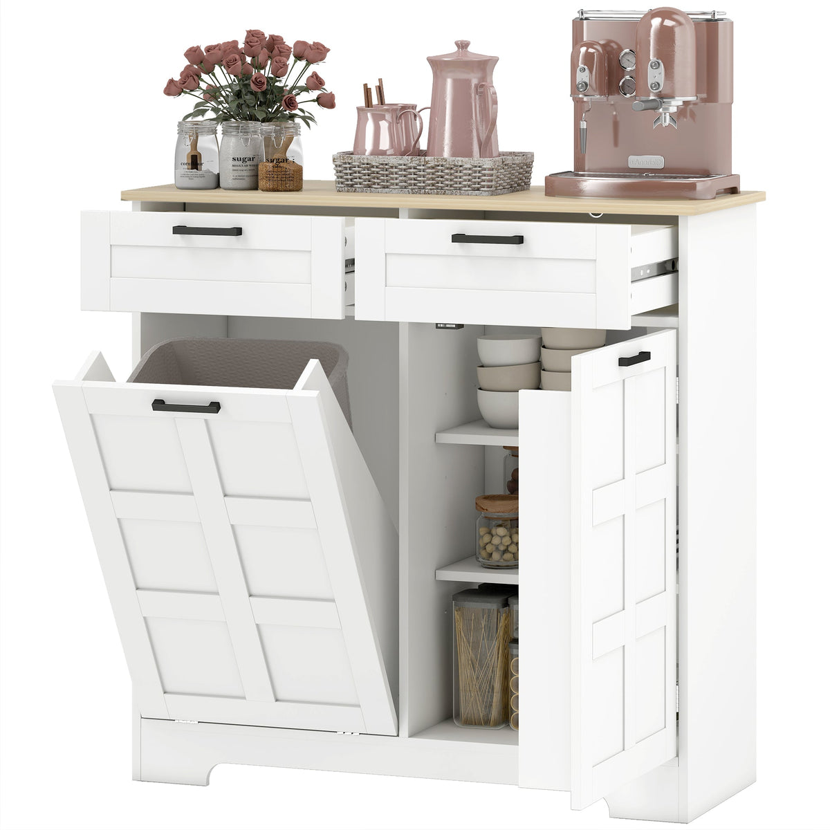 13 Gallon Tilt Out Garbage Cabinet, Kitchen Island with Trash Cabinet, 2 Drawers, Door Racks, Adjustable Shelves, Black