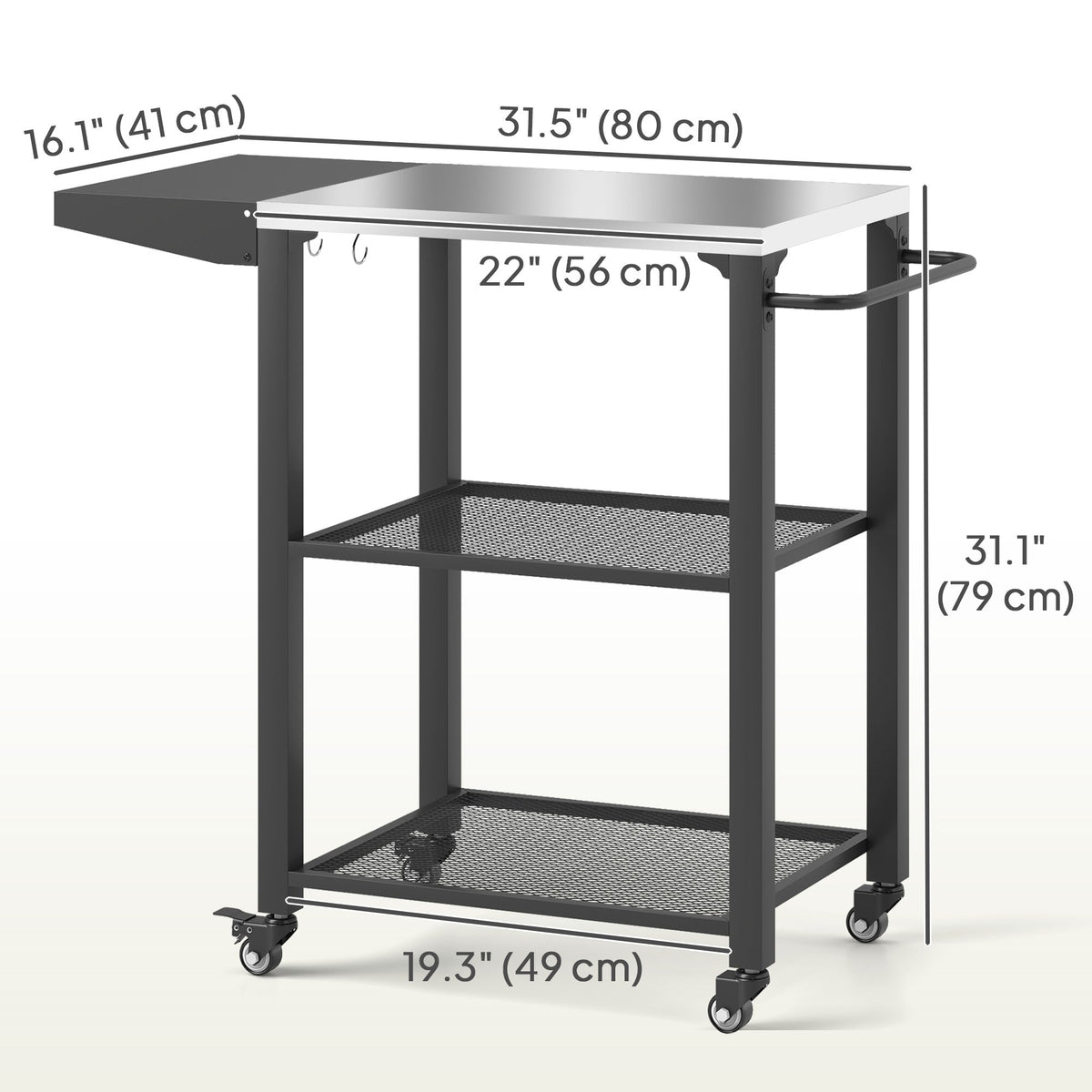 3-Shelf Outdoor Grill Cart Table with Side Handle, Stainless Steel Pizza Oven Stand on Wheels, Black