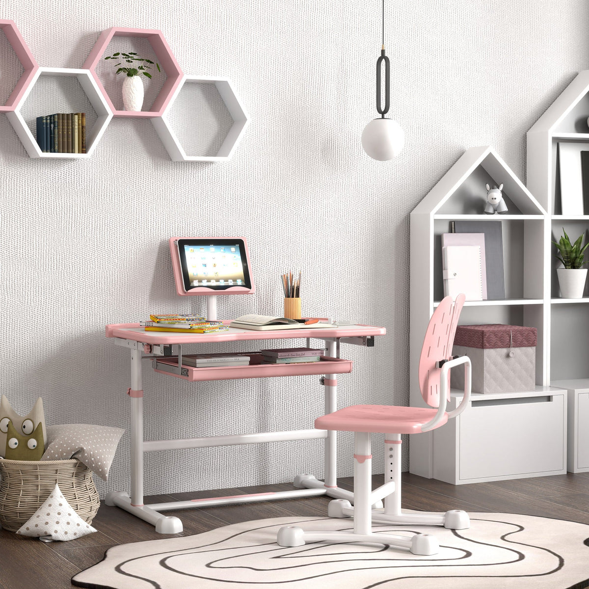 Height Adjustable Kids Desk and Chair Set with Tilt Desktop, Large Writing Board, Storage Drawer, Book Stand, Grey