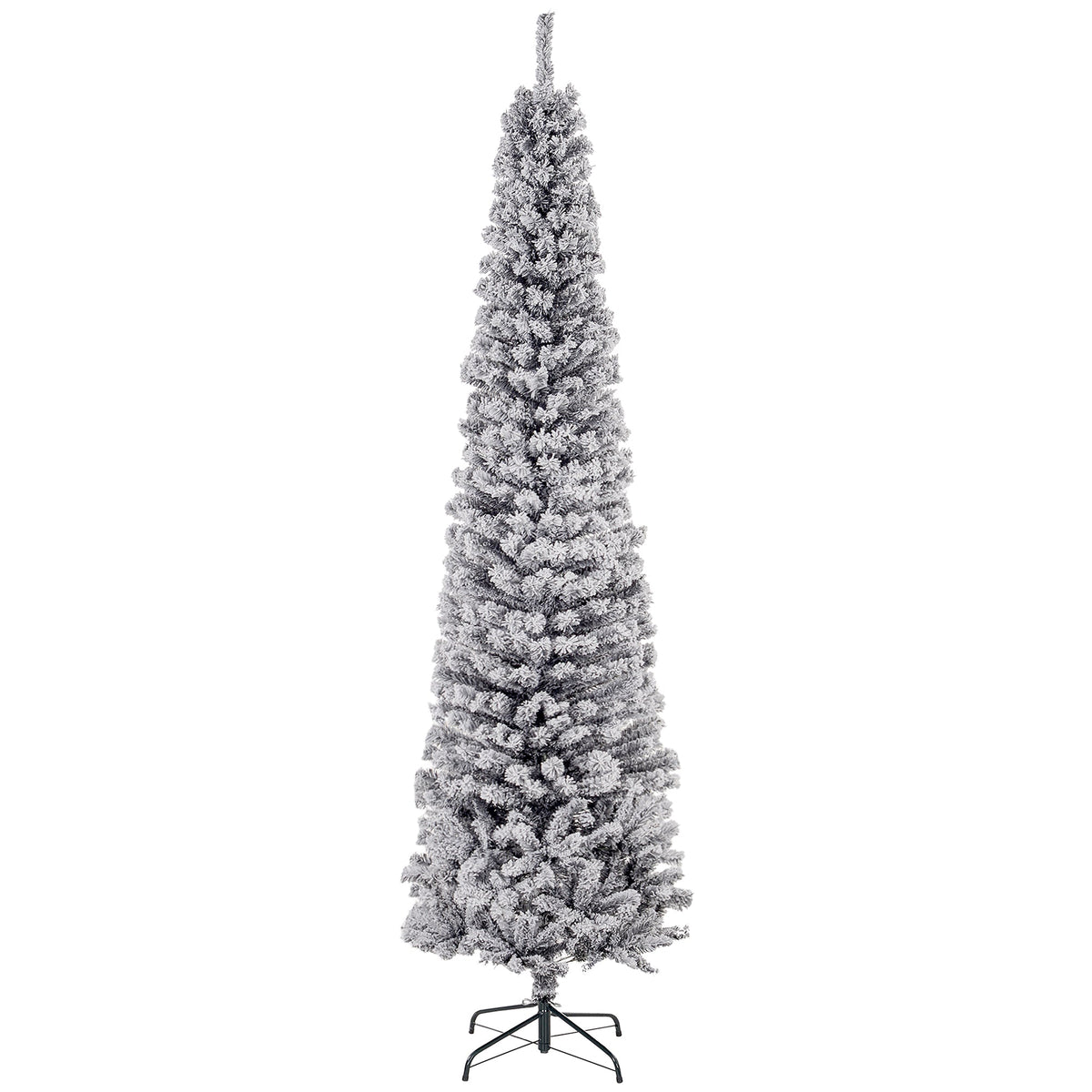 6ft Flocked Christmas Tree, Pencil Christmas Tree with Realistic Branch Tips, Folding Metal Stand, Green