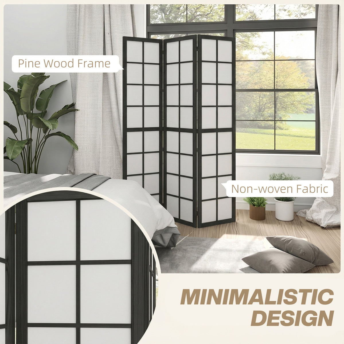 3 Panel Room Divider, 5.6 ft Folding Wall Divider Room Partition for Home Office, Bedroom, Black