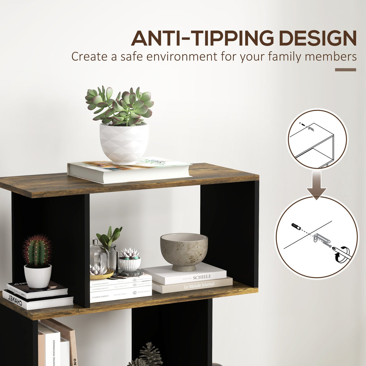 5-Tier Bookshelf, Geometric S Shaped Bookcase, Tall Narrow Display Shelf for for Living Room, Study Room, White