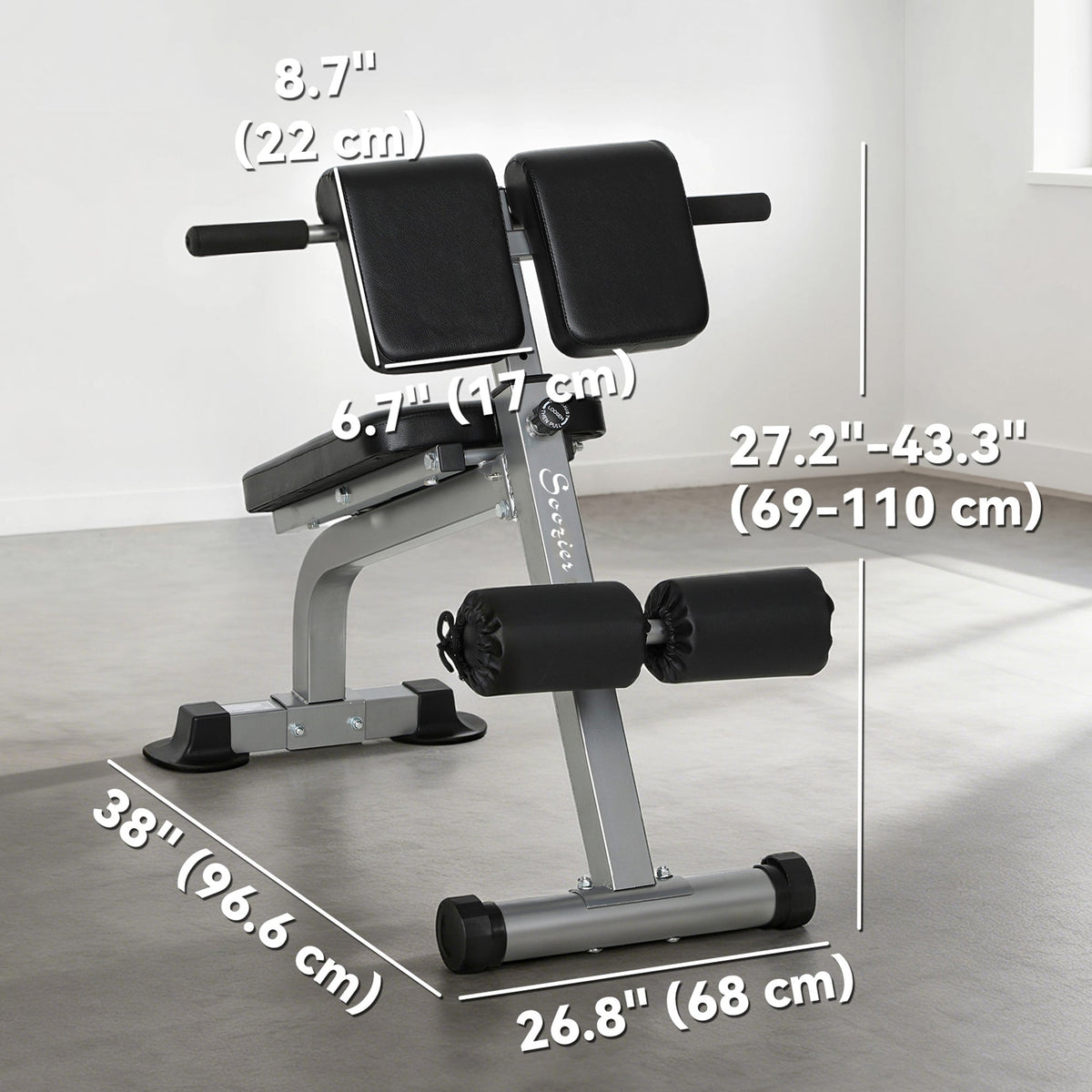 Roman Chair Back Extension Machine, Height Adjustable Hyperextension Bench, 38" x 26.8" x 27.2–43.3", Silver Tone