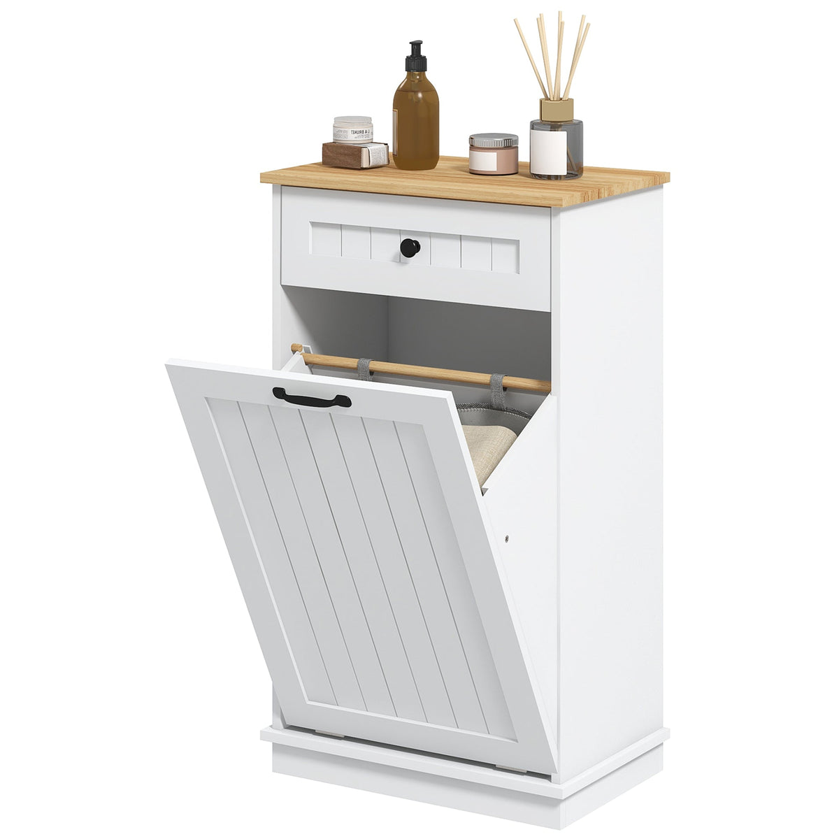 Laundry Cabinet with Removable Basket and Drawer, Tilt-Out Laundry Hamper for Bathroom, Living Room, White