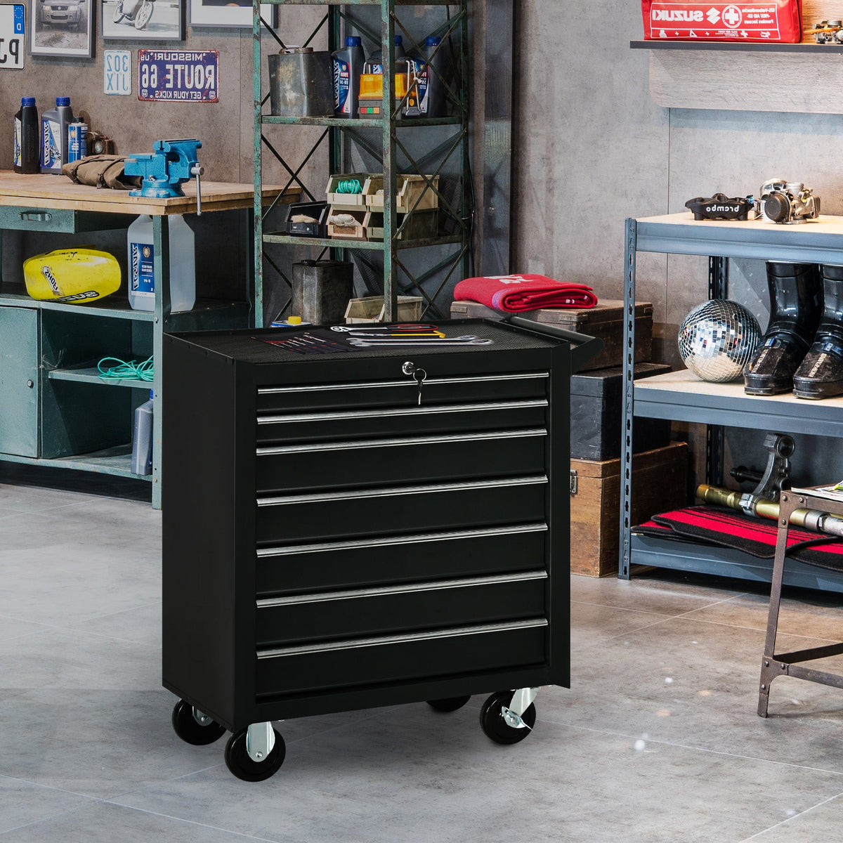 Rolling Tool Chest, 7-Drawer Lockable Tool Cabinet with 4 Wheels, Handle, Toolbox Storage Organizer for Garage, Workshop, Repair Shop, Red