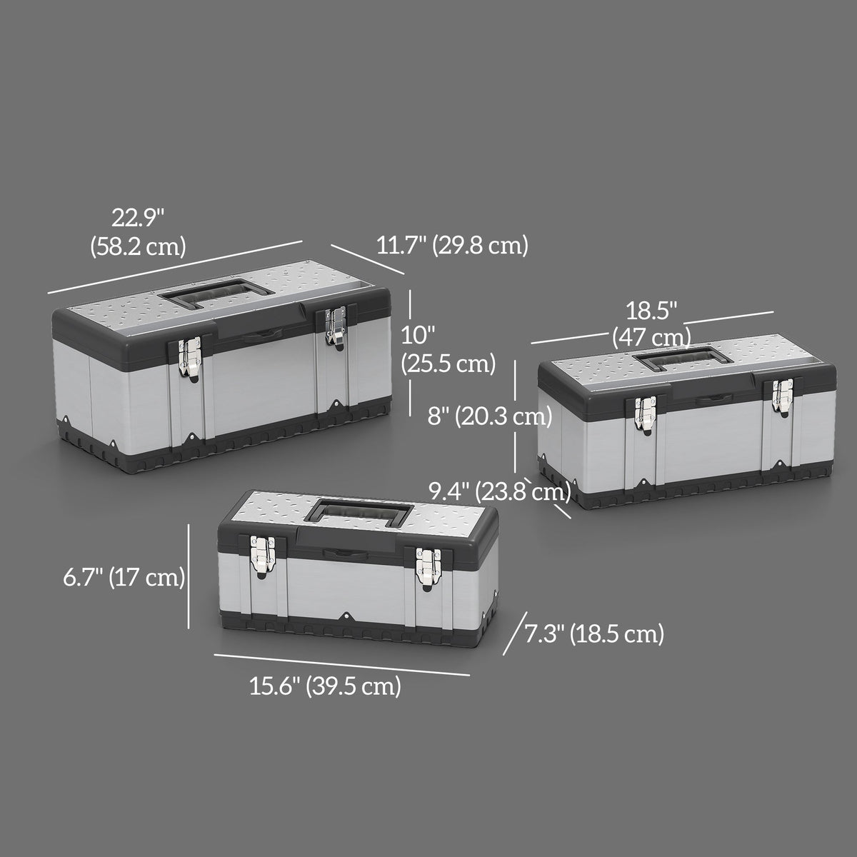 3 Pieces Tool Box Set, Stainless Steel Toolbox with Tray, Handles, Latches, Tool Case for Workshop, Garage
