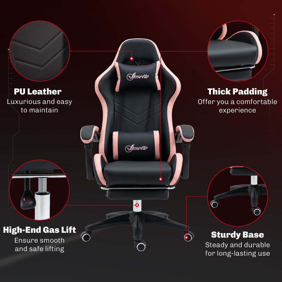 Computer Gaming Chair, PU Leather Office Desk Chair with Footrest, Swivel Wheels, 135° Reclining Back, Black