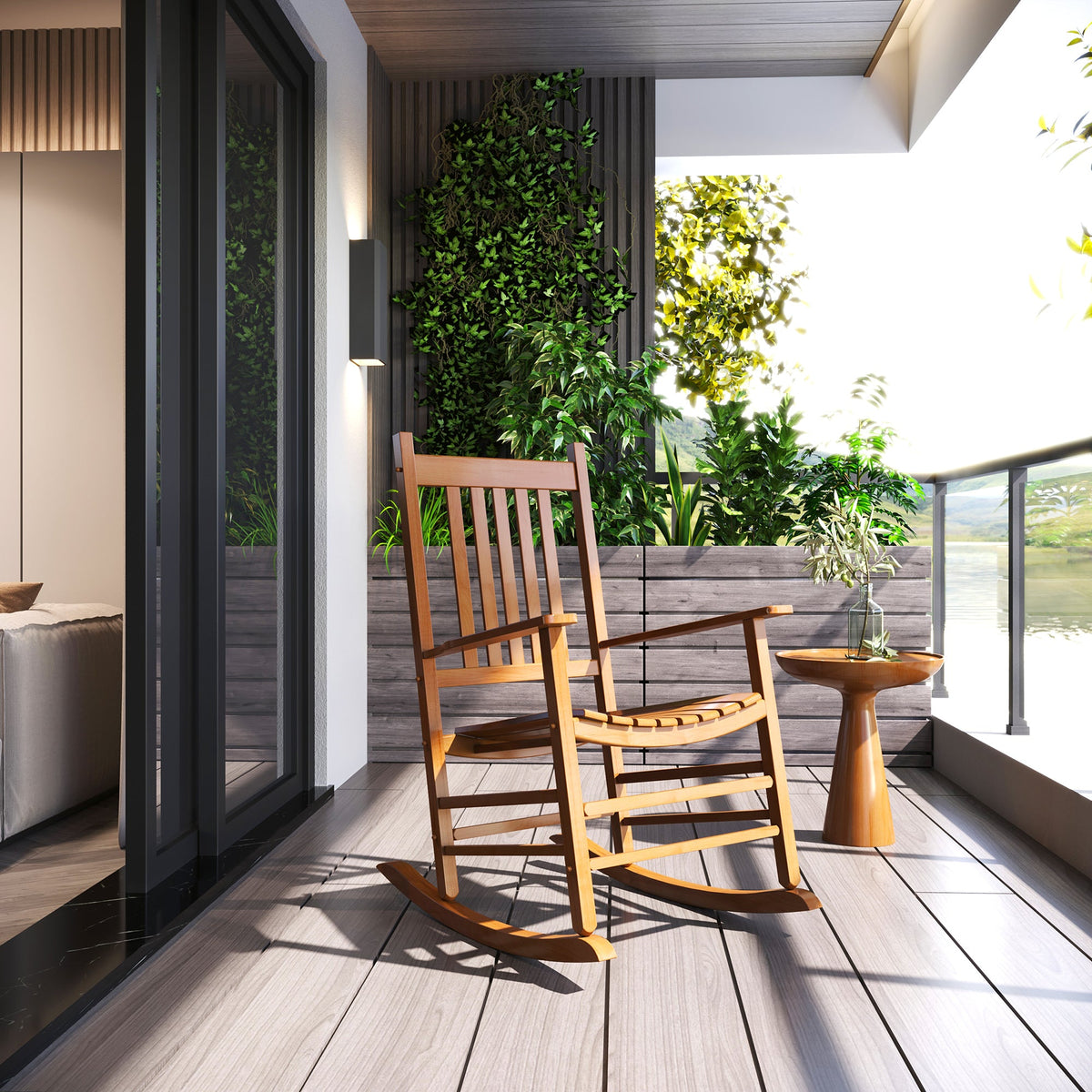 Wooden Porch Rocking Chair Outdoor Patio Rocker Garden Single Leisure Reclining Seat Armchair Natural