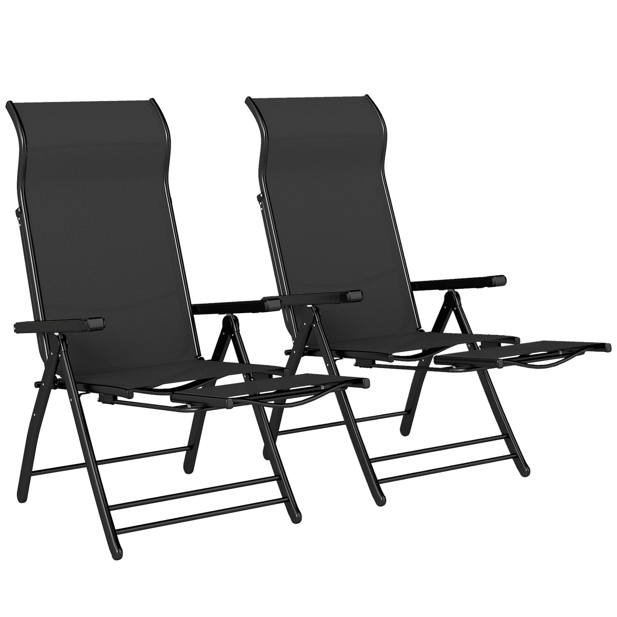 Folding Patio Chairs Set of 2, 5-Position Outdoor Lounge Chairs with High Back, Retractable Footrest, Black