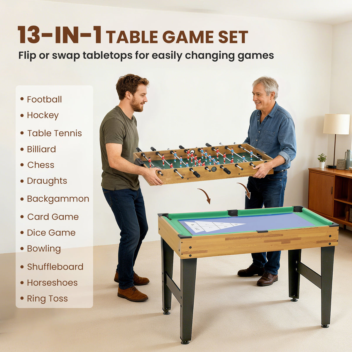 48 in 13-in-1 Combo Multi Game Table with Foosball, Pool, Hockey and More for Adults, Light Walnut