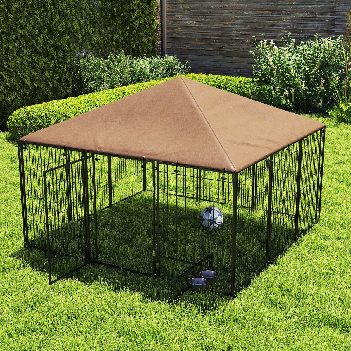 4.6' x 4.6' x 5' Outdoor Dog Kennel with Canopy, Rotating Bowls, Coffee