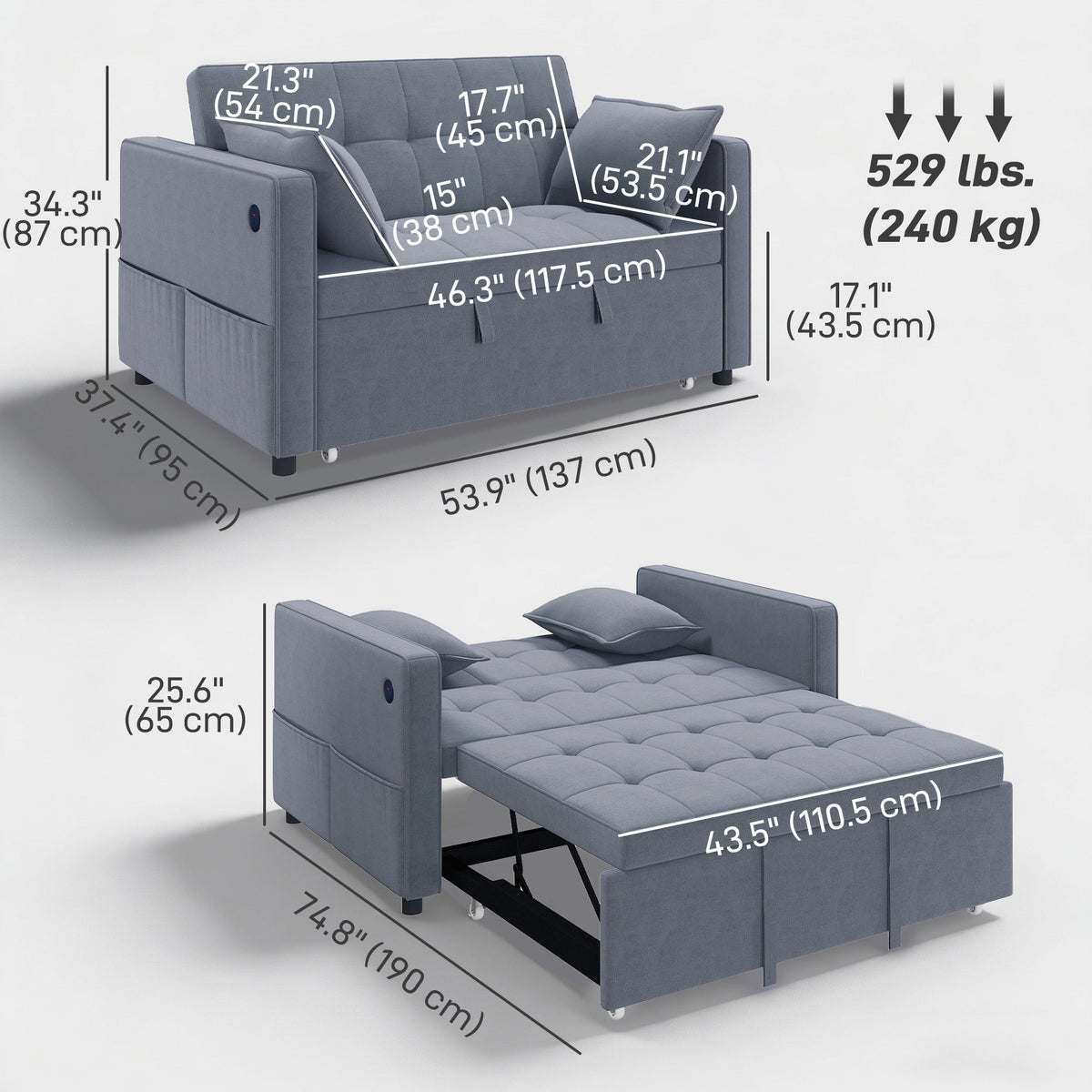 3‑in‑1 Convertible Sofa Bed, Pull Out Sleeper Sofa with USB Charging, Adjustable Backrest, Side Pockets, Beige