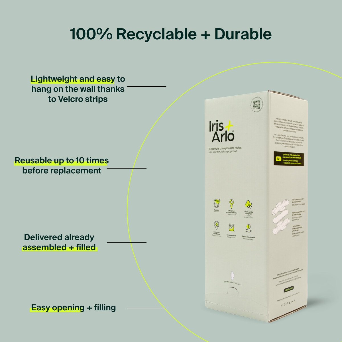 Wall-Mounted Cardboard Dispenser, 100% Organic Cotton Daily Pads