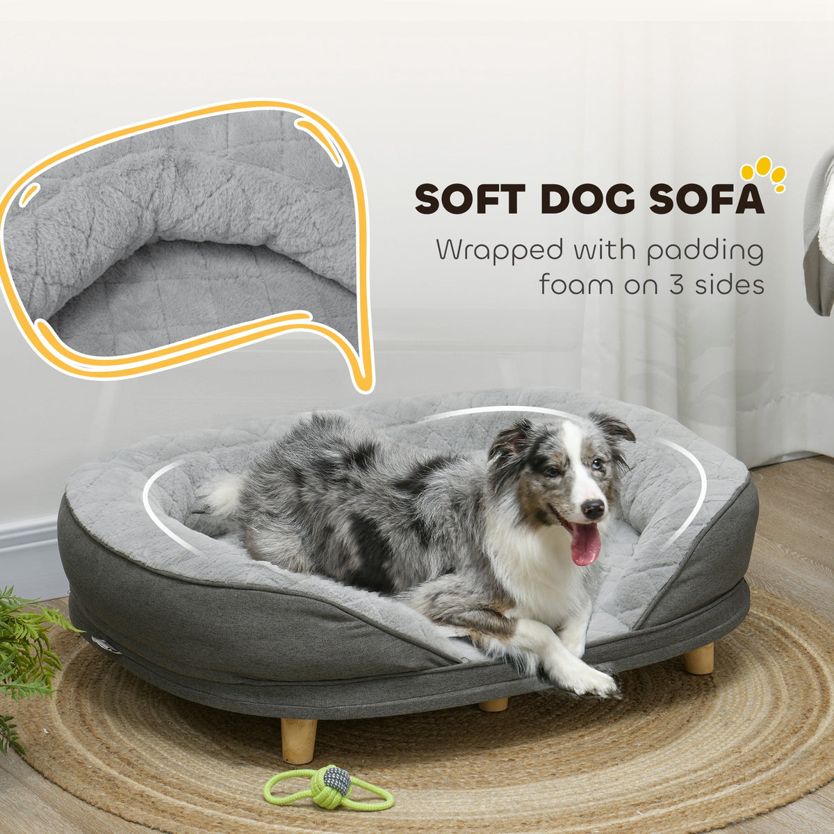 Pet Sofa Bed for Large Dogs with Removable Cushion, Washable Cover, Anti-slip Foot Pads, Grey