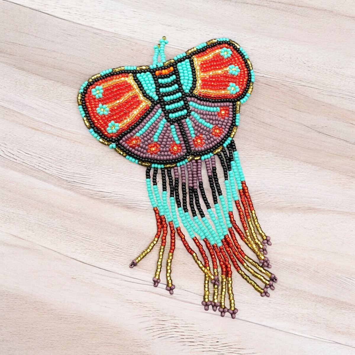 Butterfly Beaded Barrette with Fringes- Red and Turquoise