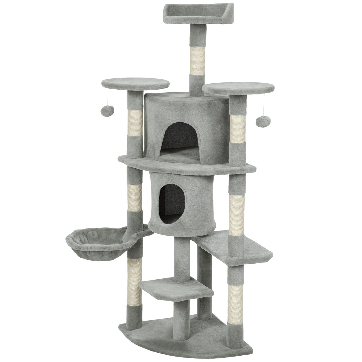62" Cat Tree with Scratching Post, 2 Condos, Hammock, Perches, Plush, Pompoms, for Indoor Cats, Beige