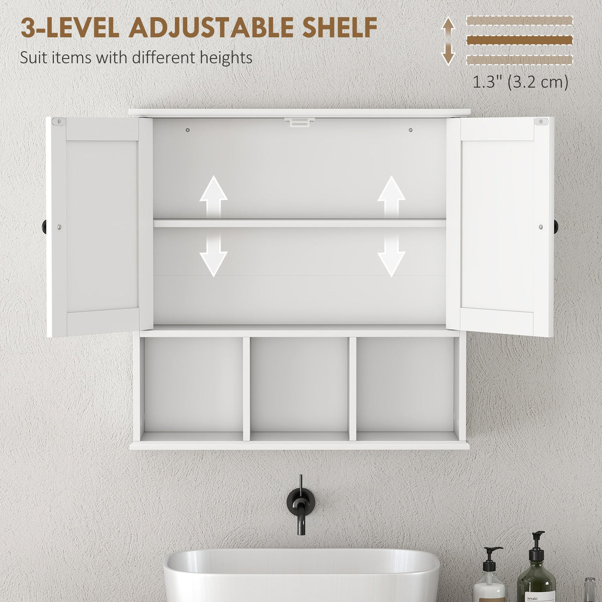 Farmhouse Bathroom Wall Cabinet, Wall Mounted Medicine Cabinet with Adjustable Shelf, Open Compartments, White