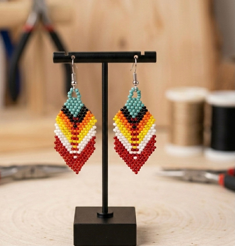 Red Beaded Feather Drop Earrings
