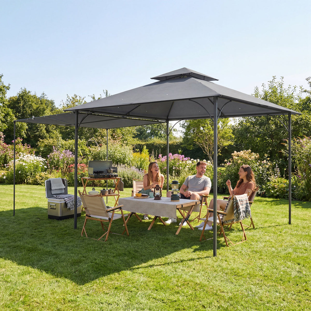 Patio Gazebo with Double Roof Outdoor Gazebo Canopy with Extendable Shade 10.5′ x 10.5′ Dark Grey