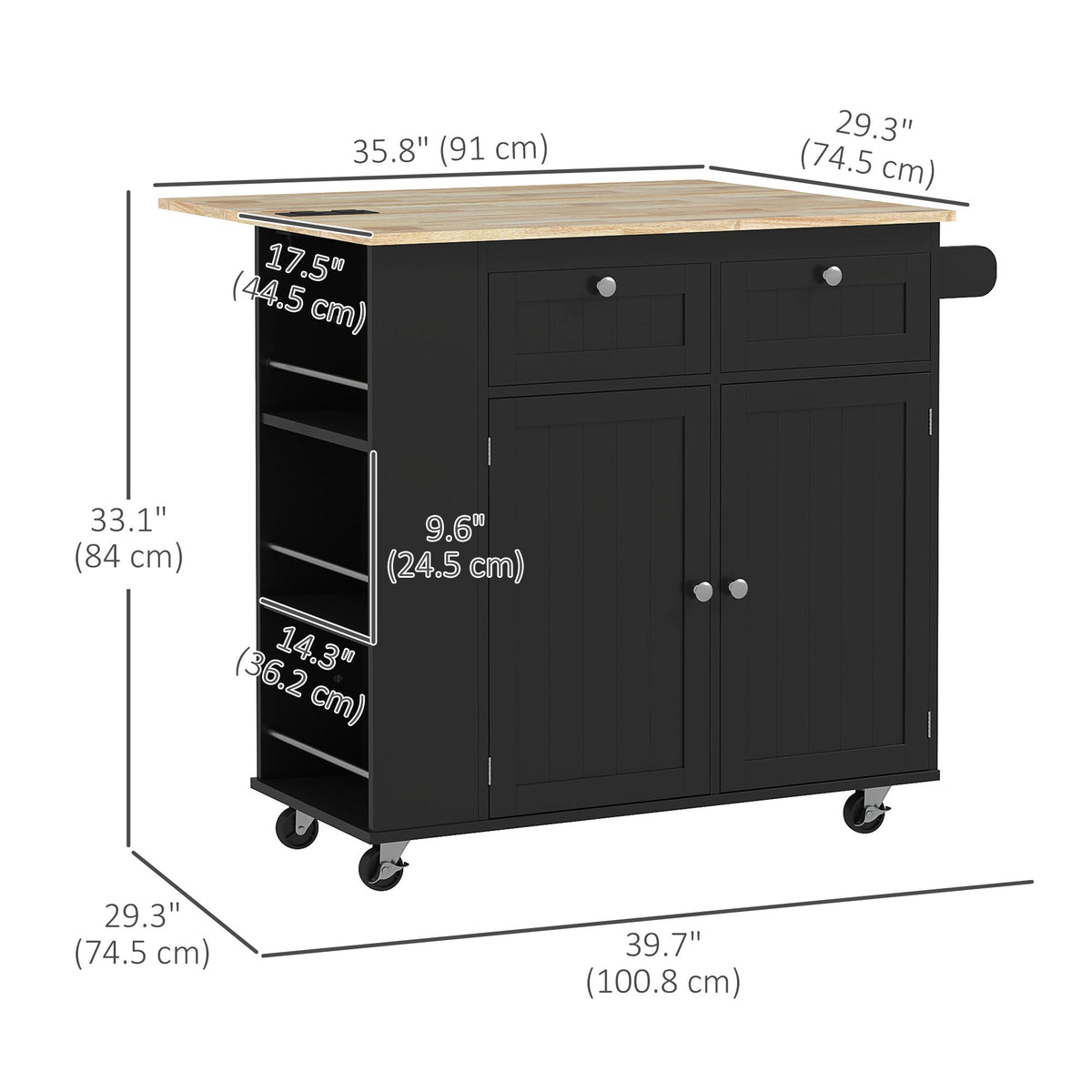 Kitchen Island with Power Outlet and Drop Leaf, Rolling Kitchen Cart with 2 Drawers and Adjustable Shelves, Black