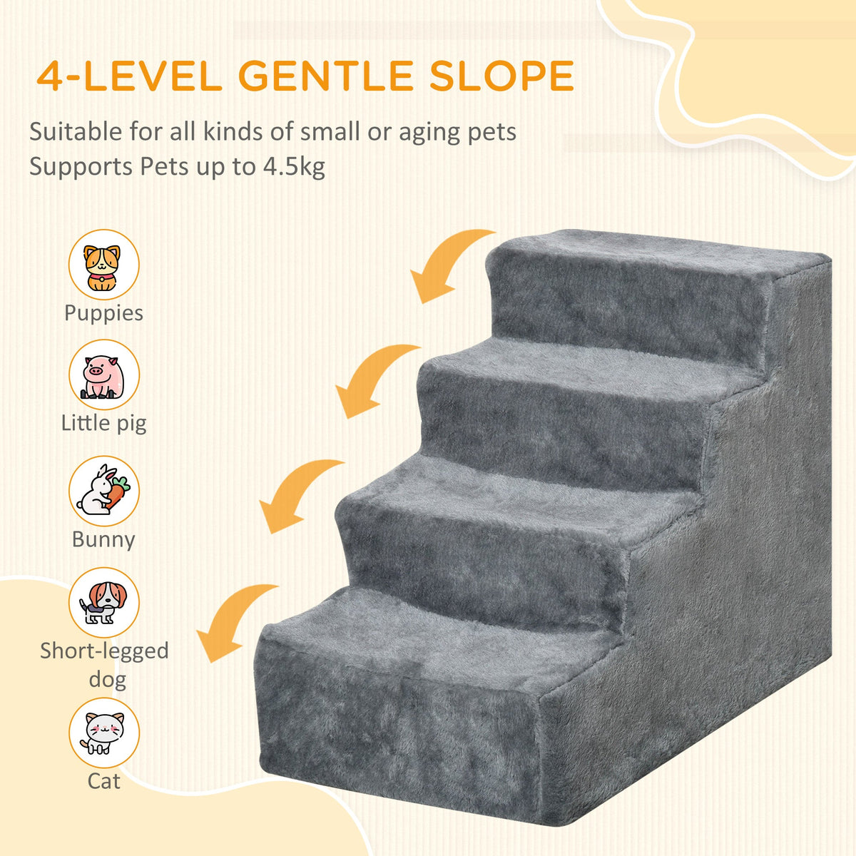 4-Step Dog Ramp for Sofa, Bed, and Couch, with Removable Cover, Light Grey