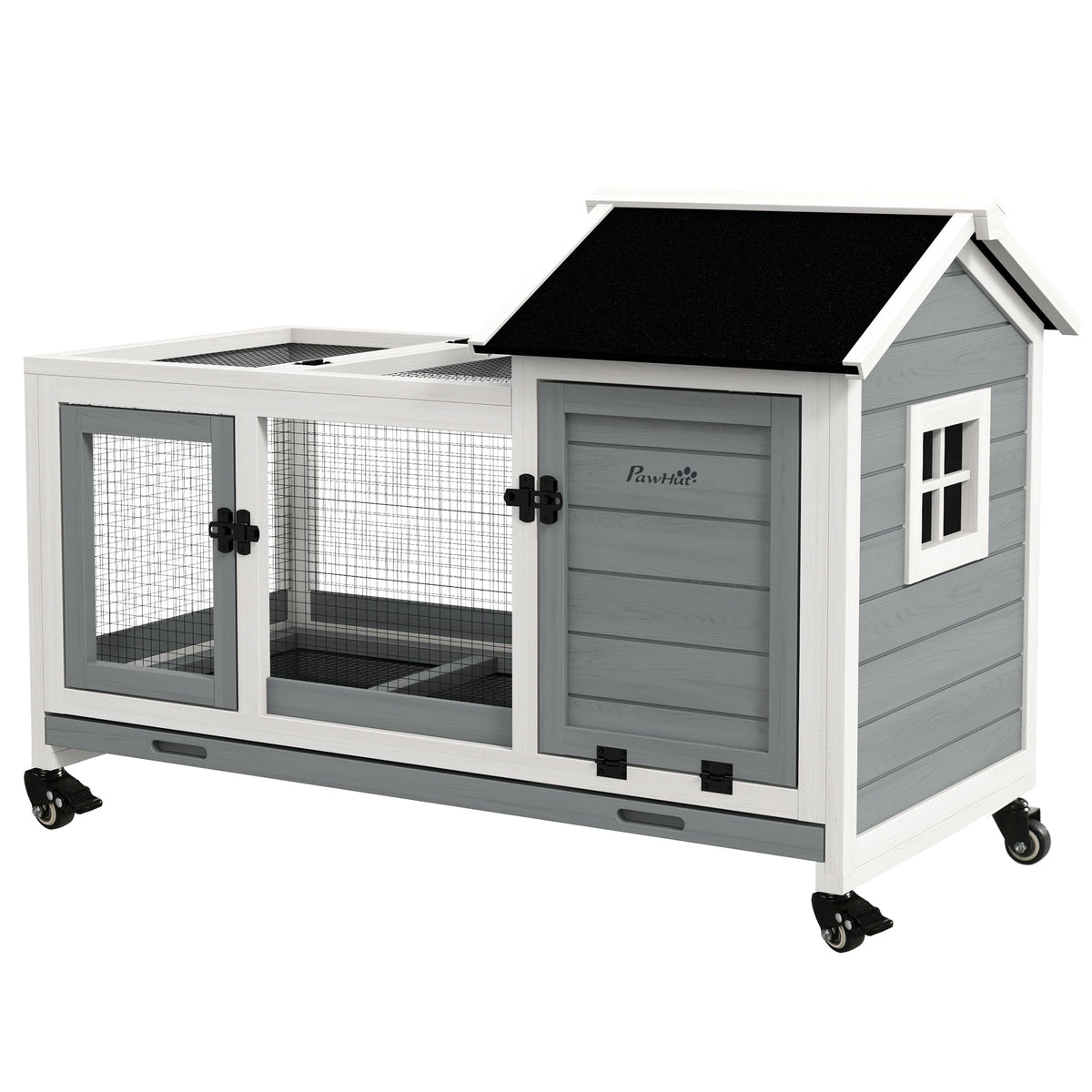 Rabbit Cage with Wheels, Ramp, Run, Tray for Indoor Outdoor, Suitable for Rabbit, Guinea Pig, Coffee