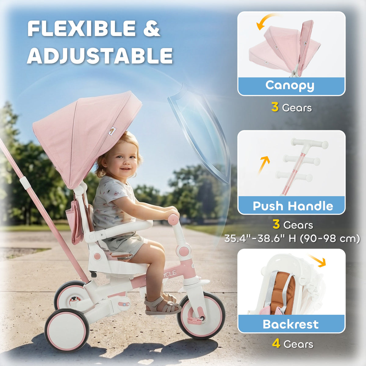 7 in 1 Toddler Tricycle with Safety Harness, Adjustable & Removable Parent Handle, Canopy, Storage Bag, Brake, Pink