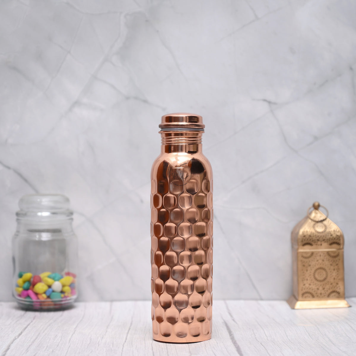 100% Pure Certified Copper Water Bottle – Heavy Brick Hammered / Honeycomb Design (950ML)