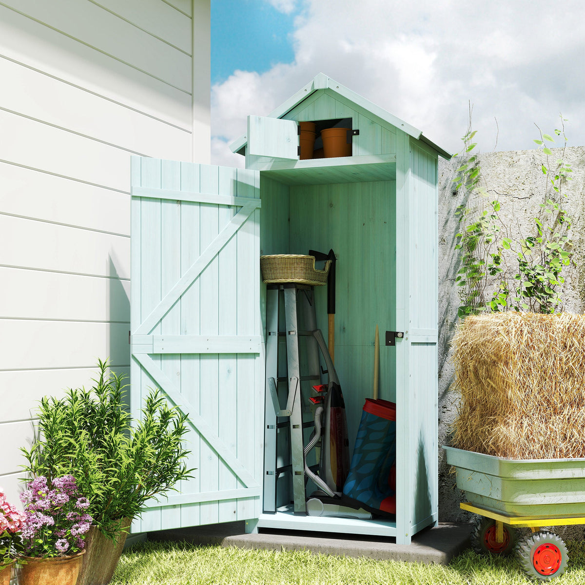 30" x 21" x 71" Garden Storage Shed, Sheds & Outdoor Storage Outdoor Workshop Yard Tool Utility Storage House Water-resistant All-weather Cover Spire Roof with 3 Tiers Shelves Grey