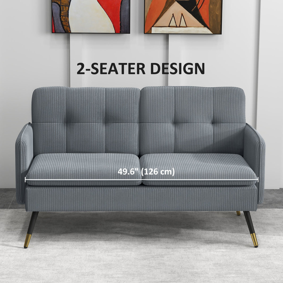 55" Loveseat Sofa, Linen Love Seat w/ S spring, Steel Legs and Button Tufting, Small Couch for Living Room, Dark Grey