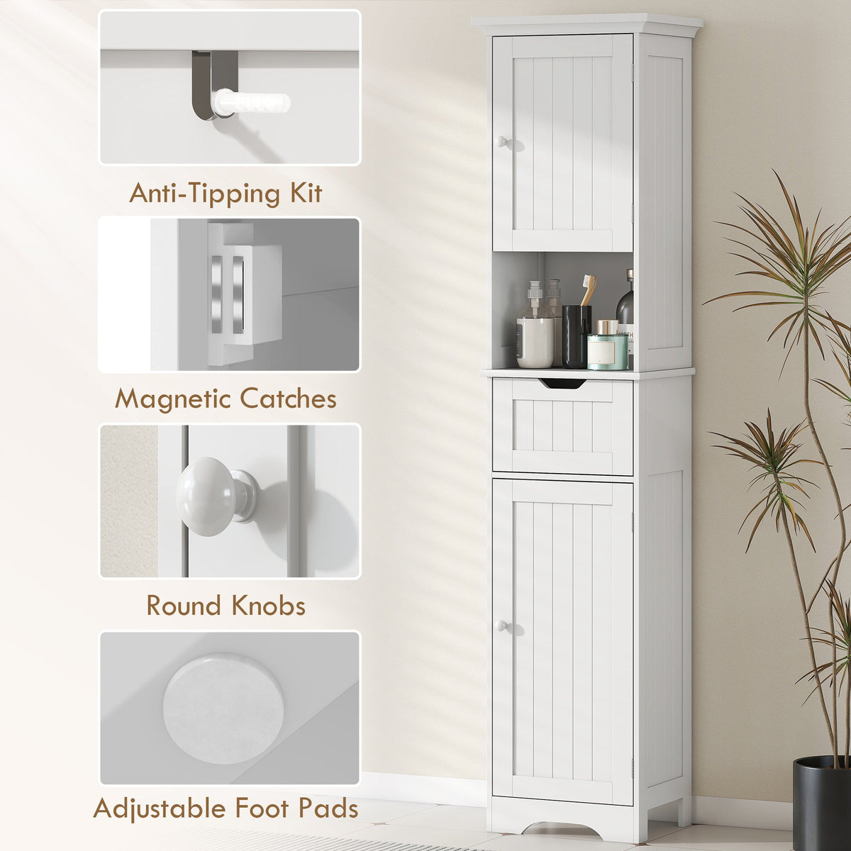 67" Tall Bathroom Storage Cabinet, Narrow Bathroom Cabinet with LED Light, Adjustable Shelf, Open Compartment, Drawer