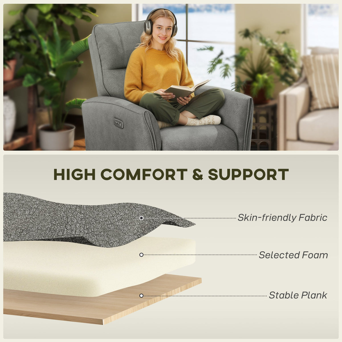 Power Recliner Chair, Dyed Fabric (Like Leathaire) Upholstered Recliner Chair with USB Ports, Footrest, Beige