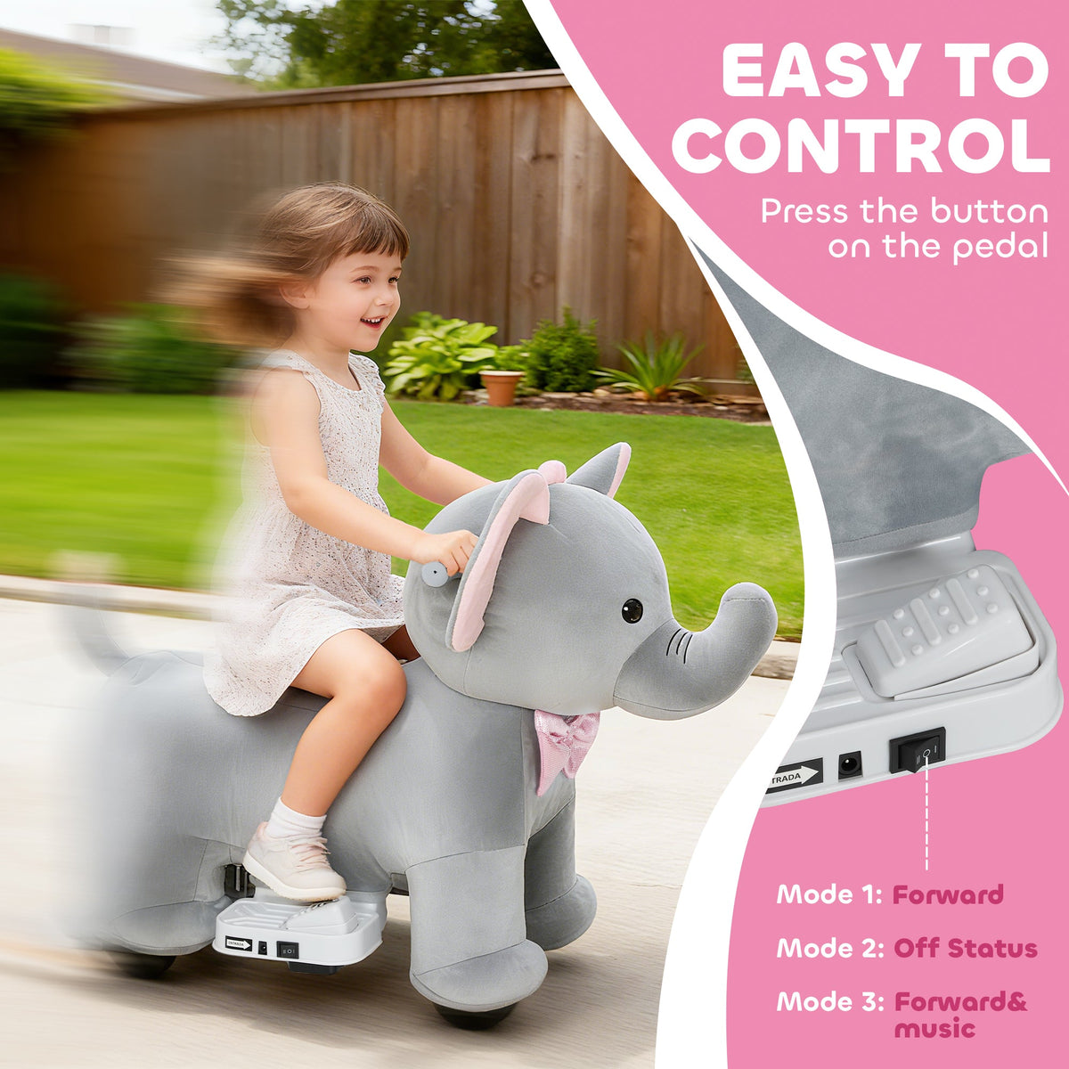 6V Kids Ride on Toy, Ride on Horse Elephant with Music, Soft Touch, Silent PU Wheels, Forward, for 1.5-5 Years