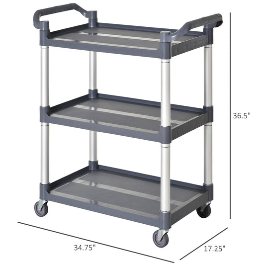 3-Tier Utility Cart Large Rolling Storage Trolley with 3 Shelves Metal Clean Service Cart, Restaurant, Hotel, Livingroom, Silver and Grey