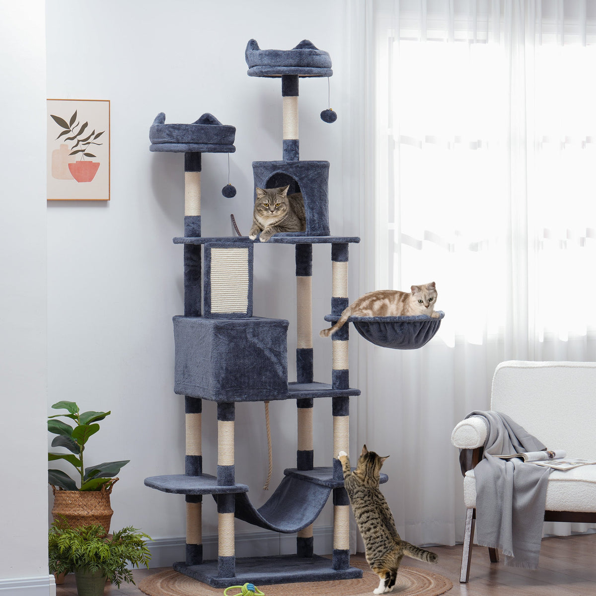 81" Large Cat Tree w/ Scratching Posts, Condos, Beds, Hammocks, Jumping Platforms, Toy Balls, Rope Cat Toy, Beige